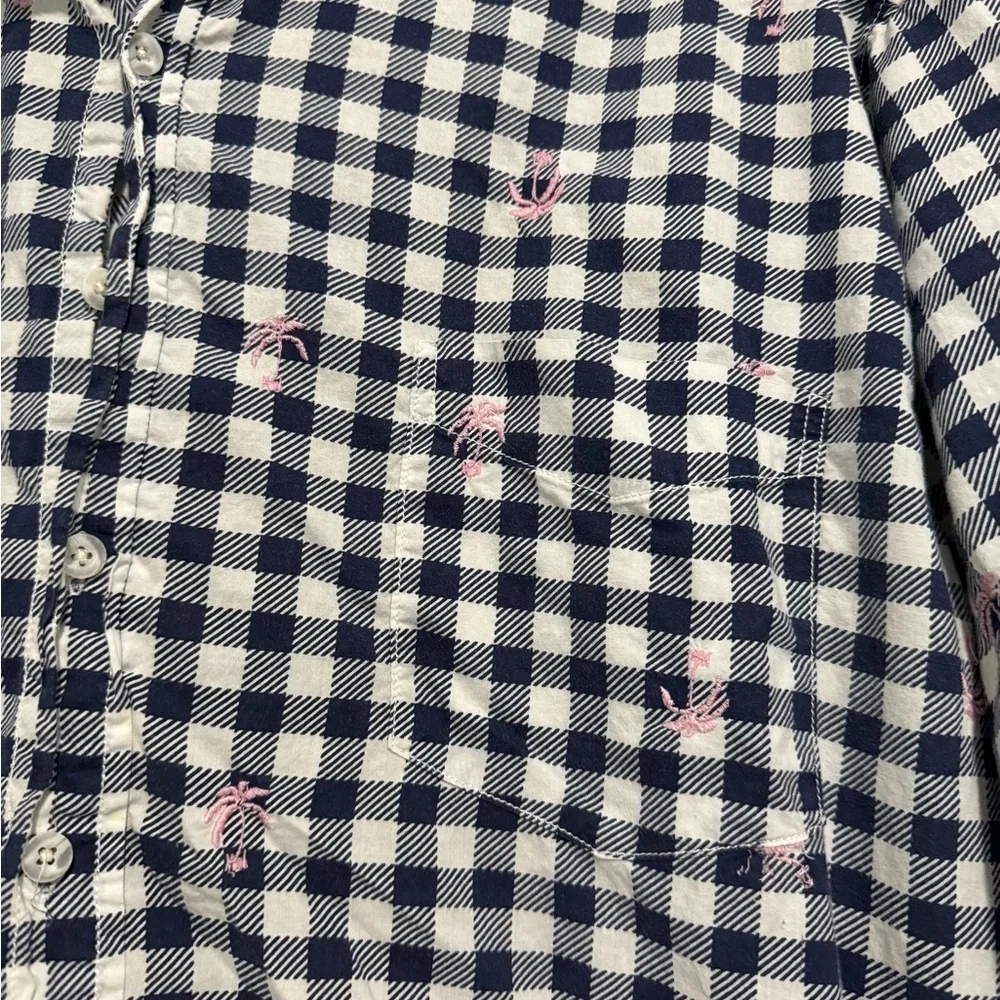 Reyn Spooner Pink Palm Trees Navy Shepherd Check Button Down XXL -Cotton-
